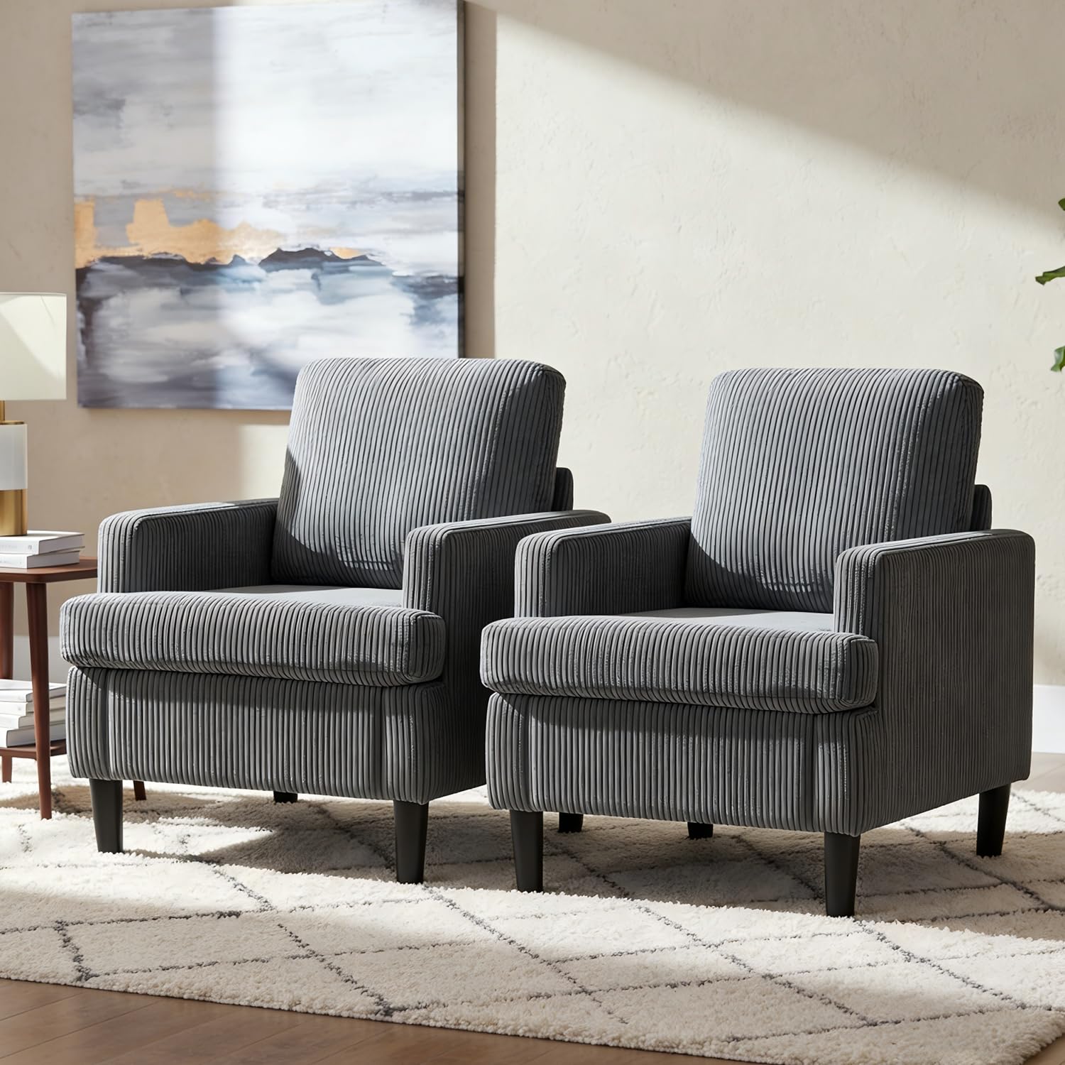 Modern Accent Chairs Set of 2 Upholstered Reading Chair for Bedroom with Side Pockets Comfy Living Room Chairs Living Room Armchair for Office, Apartment (Corduroy Grey)
