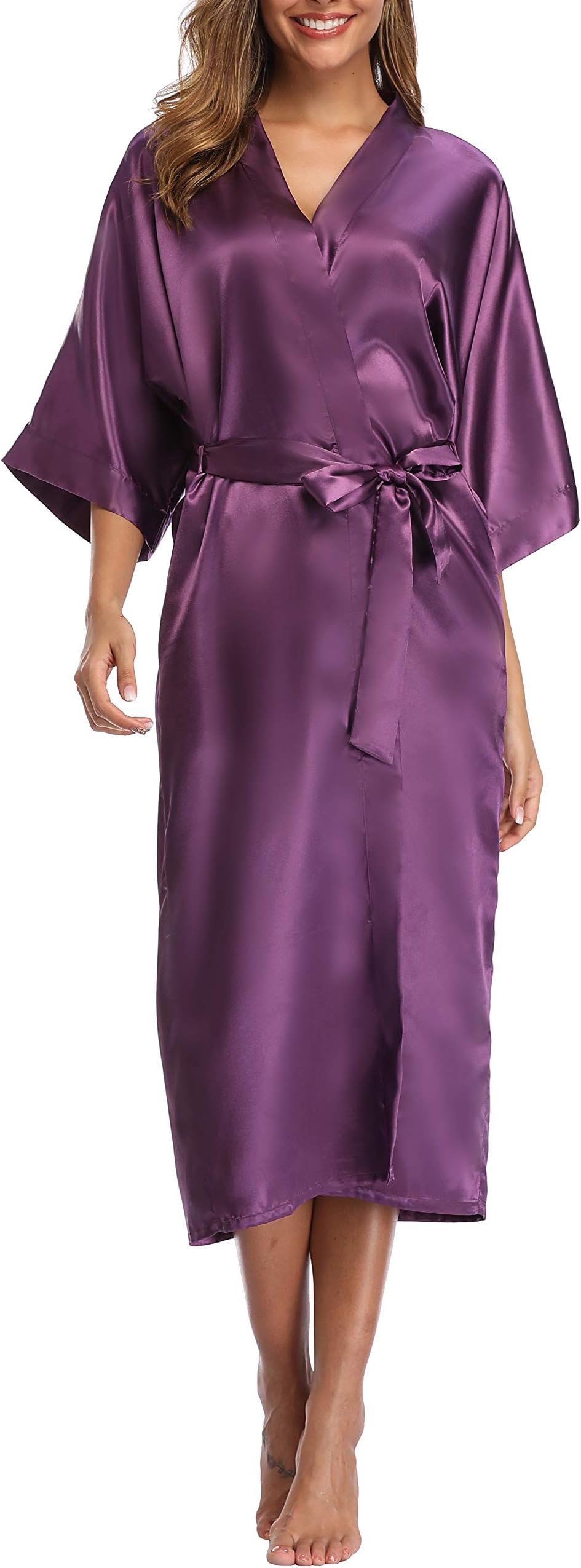 sunshinemallWomens Pure Color Long Satin Bathrobe Kimono Nightgown Long Dress Gown