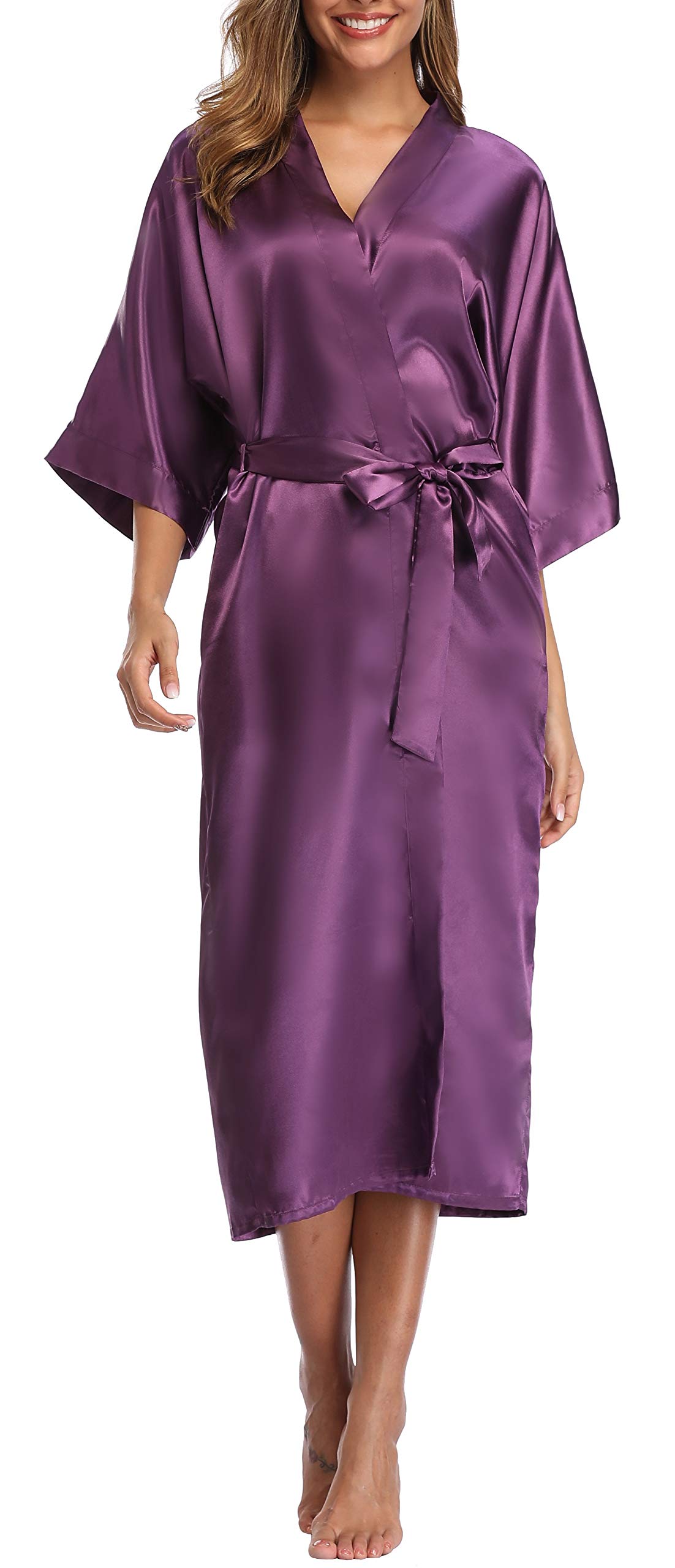 sunshinemallWomens Pure Color Long Satin Bathrobe Kimono Nightgown Long Dress Gown