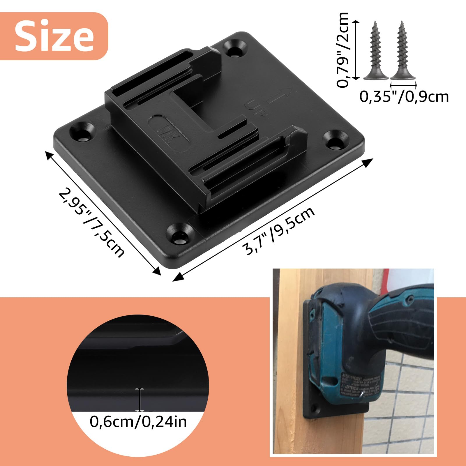 Lot de 8 Support Batterie Makita Compatible 18V et 14,4V, Porte-batterie Mural Noir avec Vis pour Rangement Outil, Atelier Garage, Établi, Étagère et Véhicule de Service