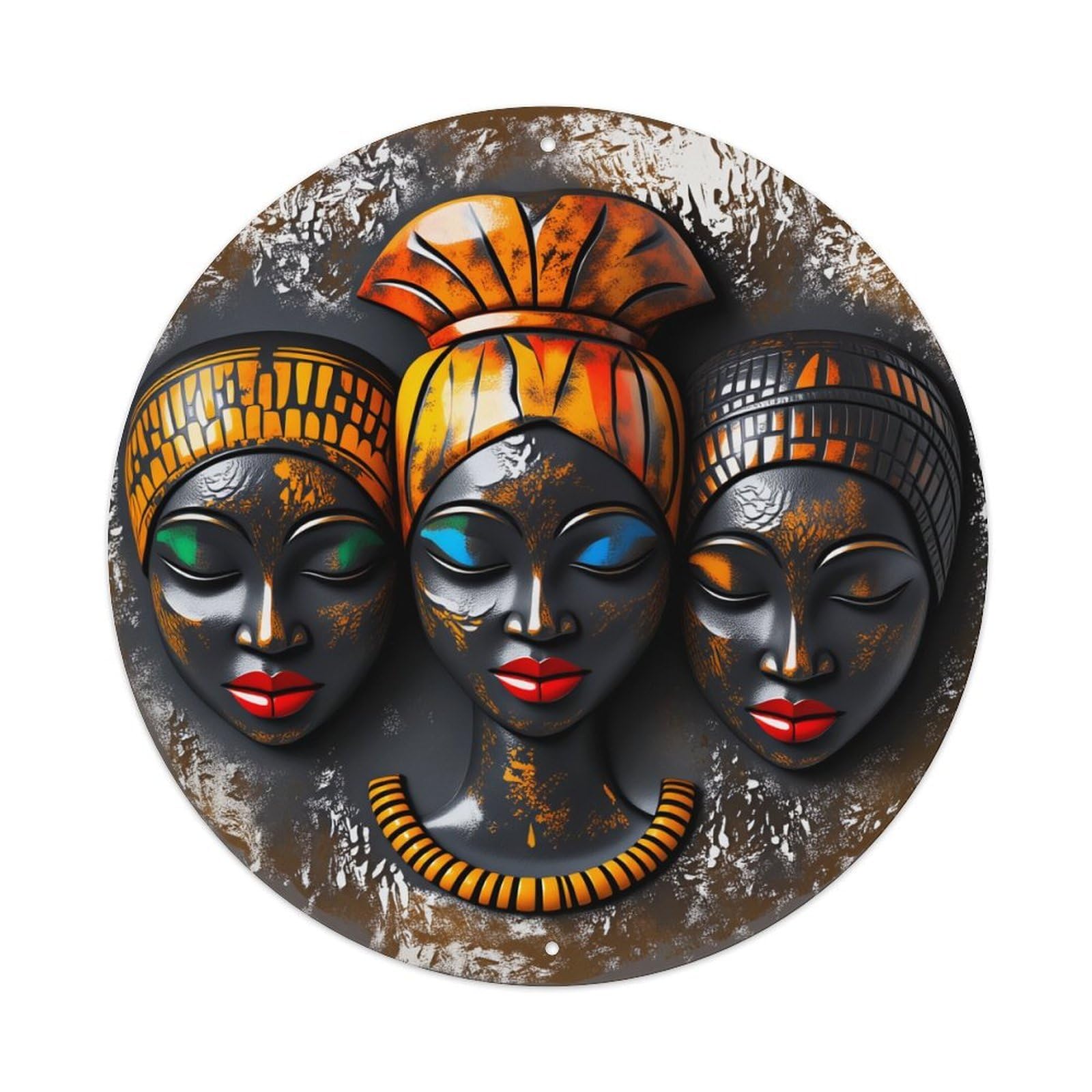 African Tribal Artistic Mask Design Vintage Metal Tin Sign Retro Wall Decor for Home Bar Garage Cafe, Indoor & Outdoor Decorative，circle Metal Poster, 8x8 Inch