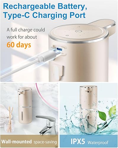 Miniatura 5 de Dispensador automático de jabón espumoso, espuma ajustable de 4 niveles, montaje en pared, recargable por USB, 12.8 onzas, dispensador de jabón para