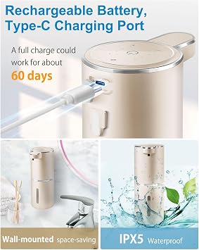 Automatic Foaming Soap Dispenser,4-Level Adjustable Foam, Wall Mount,USB Rechargeable,12.8oz/ 380ml,Touchless Hand & Dish Soap Dispenser for Bathroom, Kitchen,Hotel, Restaurant