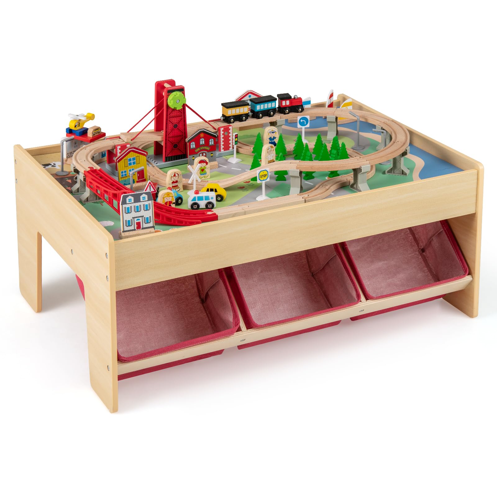 LIFEZEAL Holzeisenbahn Set, Kinder Spieltisch mit Aufbewahrungsbox, Multifunktionaler Aktivitätstisch mit Fahrzeuge, Gleise und Zubehör, Bausteintisch für Jungen & Mädchen, 92 x 64 x 40 cm