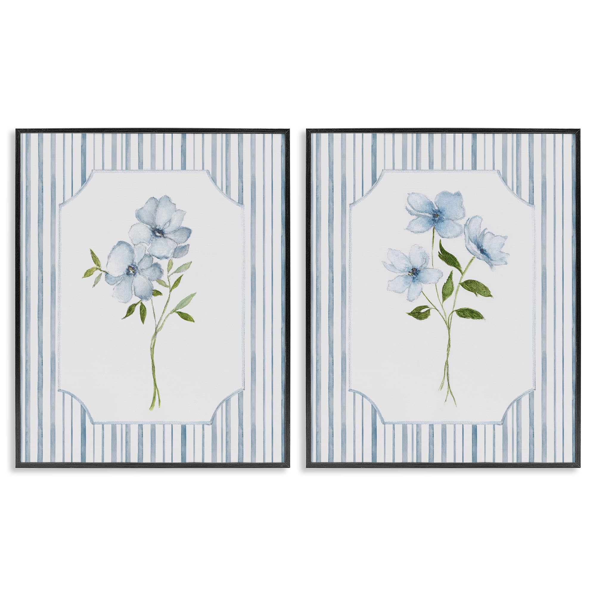 Stupell Industries Blue Blooms Stripes Blue Blooms And Stripes Floral, 16 X 20 Inch Framed Giclée Print Set