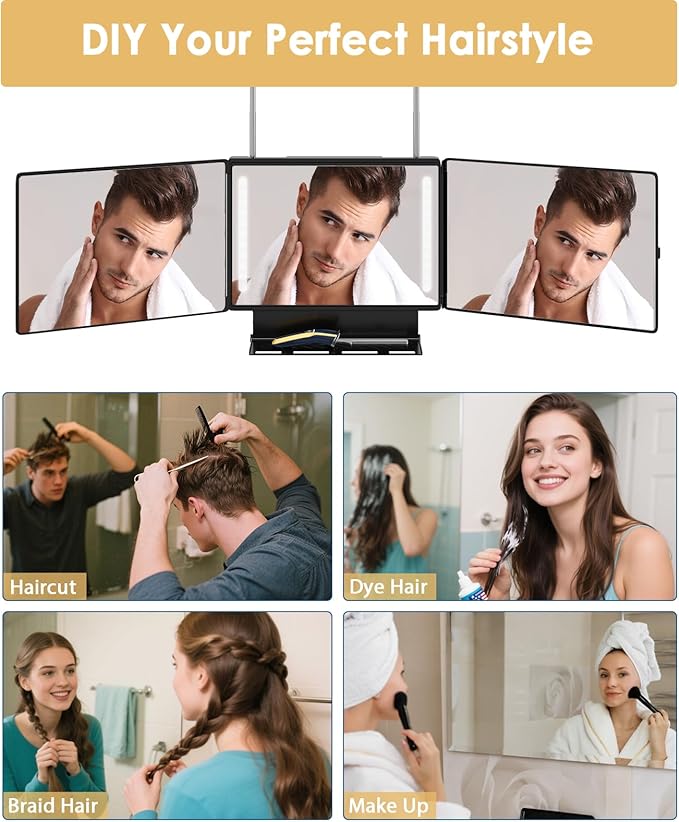 Espejo 3 Vías Dripex con Luz LED Recargable y Estante Negro miniatura 6