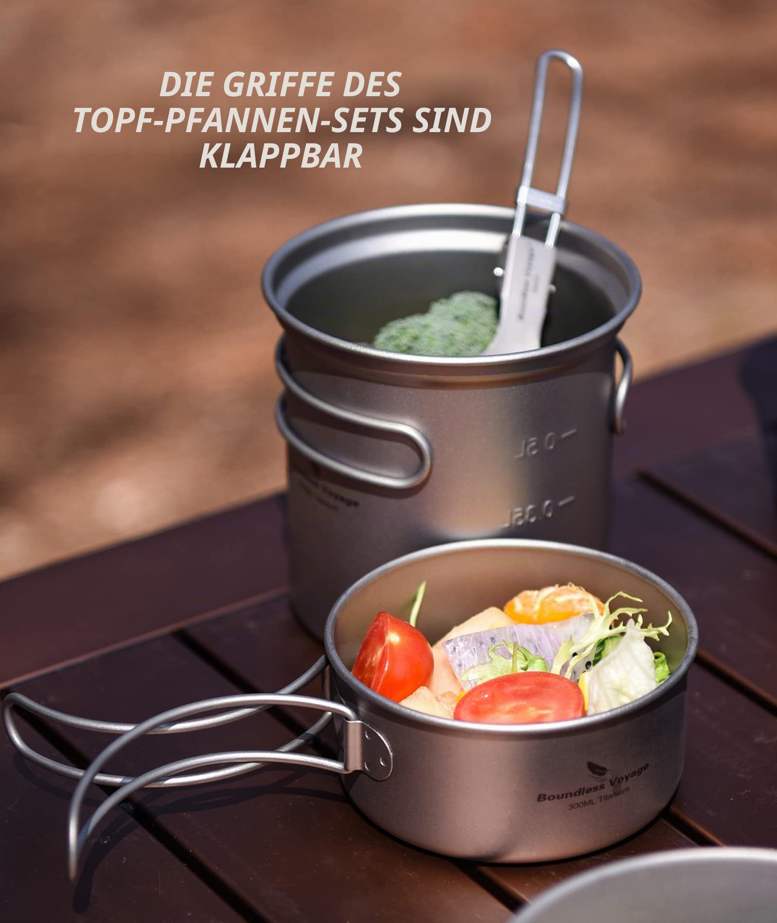 iBasingo Titan Töpf Pfanne Set Camping Kochgeschirr Leichte Outdoor Schüssel Set Koch Mess Kit mit Klappgriff Küchen Utensilien für den Außenbereich 2 Stücke/Set