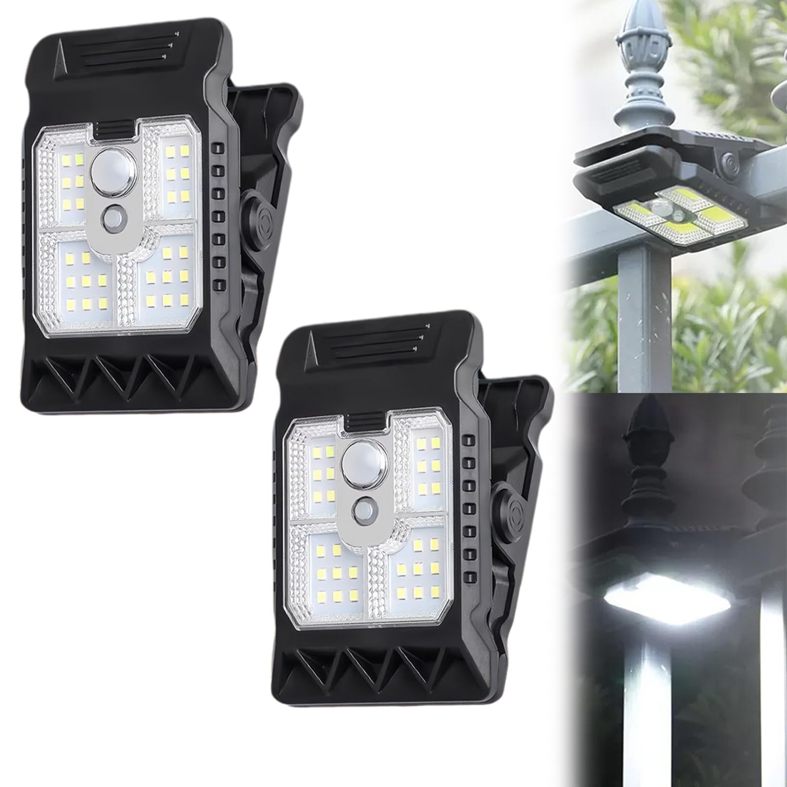 Solar Clip On Lights Outdoor, USB & Solar Powered Motion Sensor Clip Lights, Waterproof Portable Solar Clip Light with Motion Sensor, for Garage, Garden, Home, Fence (2PCS)