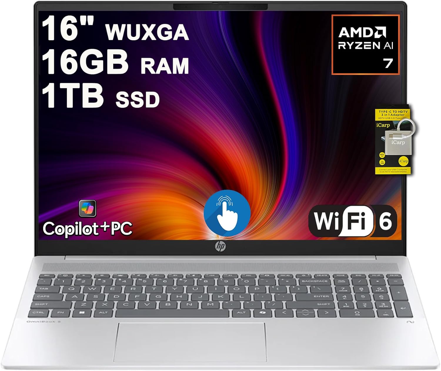 HP OmniBook 5 AI PC Laptop 16" WUXGA IPS Touch AMD Octa-core Ryzen AI 7 350 (Up to 50 Tops) 16GB RAM 1TB SSD for Creator Designer Business Professional Backlit Wi-Fi6 Win11 ICP Hub