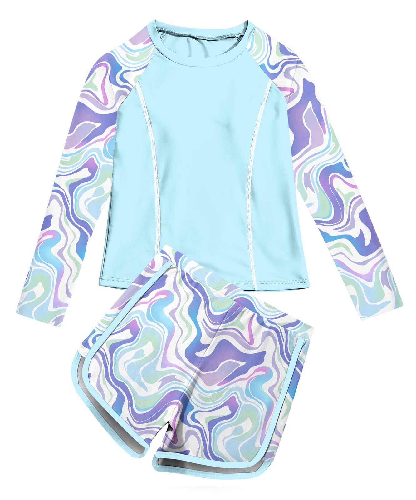 Vogseek Big Girls Bathing Suits Size 10-12 Blue Marble Long Sleeve Rashguard Swimsuits for Tween Girl Quick Dry Swim Shorts Matching 2 Piece Crew Neck Shirt 3D Cute Print Swimming Sets