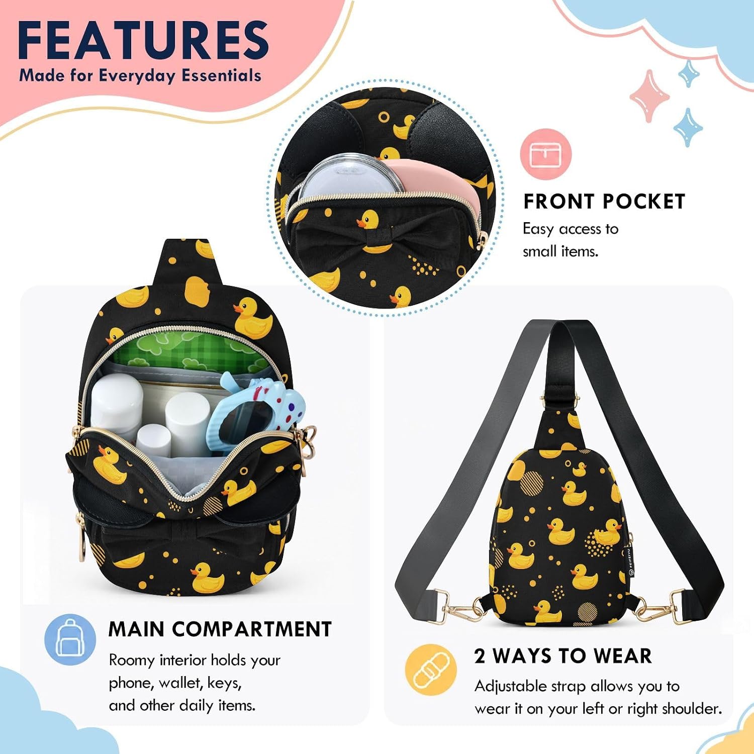 Sinestour Rubber Duck Kids Crossbody Bags for Girls, 5.7x7.5x3.1Inches | Crossbody Fanny Pack, Toddler Purse, Cute Sling Belt Bag with Ears, 2L Small Shoulder Chest Bag for Travel