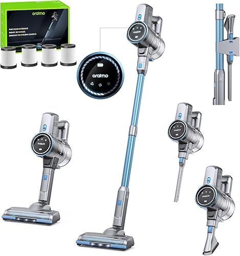 Oraimo Aspiradora inalĂĄmbrica, aspiradora de 24 KPA con motor sin escobillas de 270 W, aspiradora de palo con cepillo de piso antienredo, hasta 45
