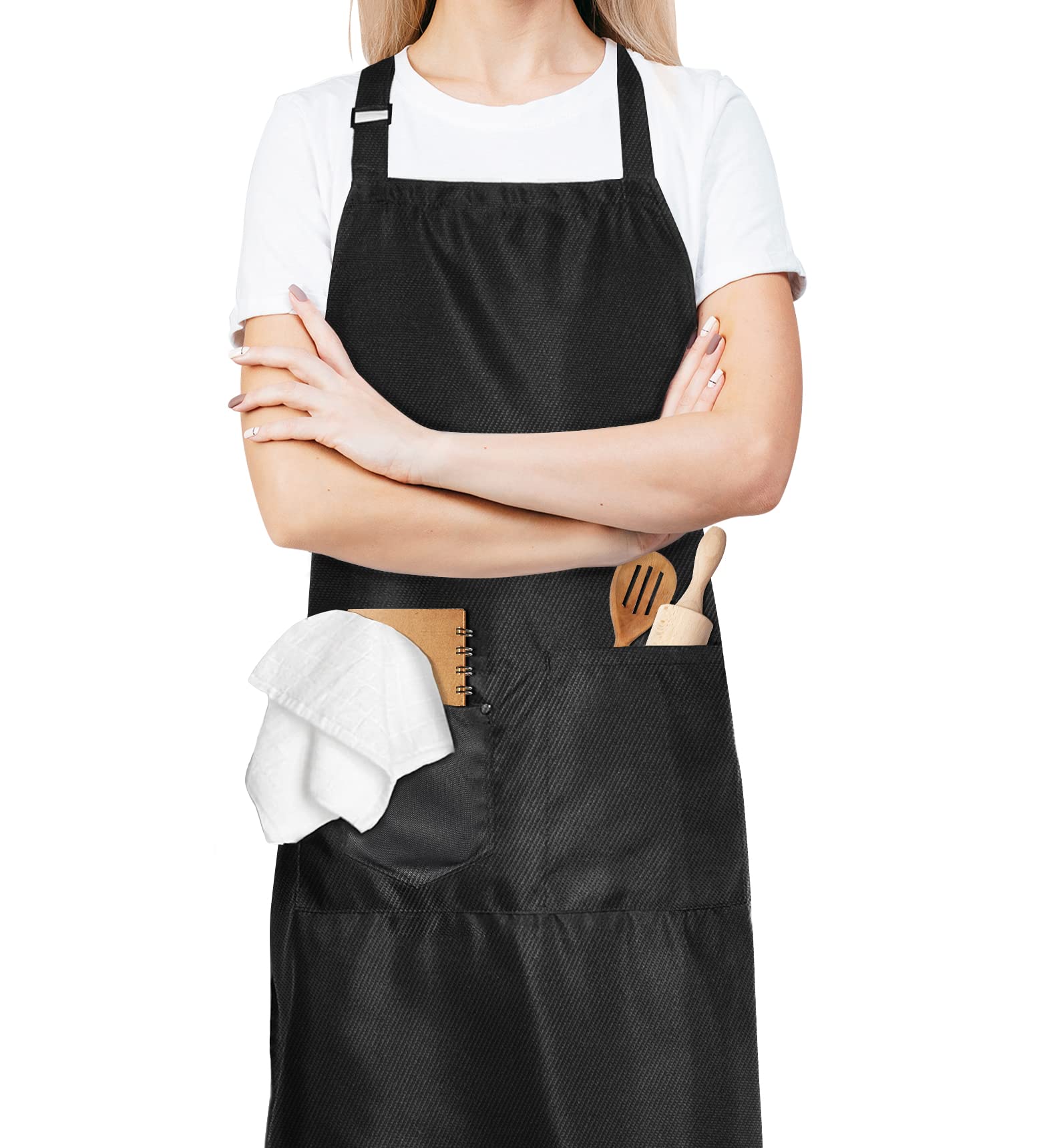 Epxee Cooking Baking Aprons, Chef Apron, Adjustable Aprons for Men Women, Kitchen Apron with 3 Pockets for Home Restaurant Coffee House, Black