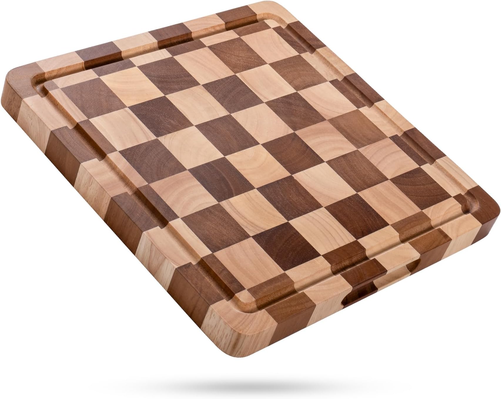 Checkered Chopping Board for Kitchen - Solid Wood End Grain Checkerboard Cutting Board with Handle & Juice Groove, Double Sided for Food Prep, Serving and Decor, Square 30 x 30 x 2.5 cm ﻿