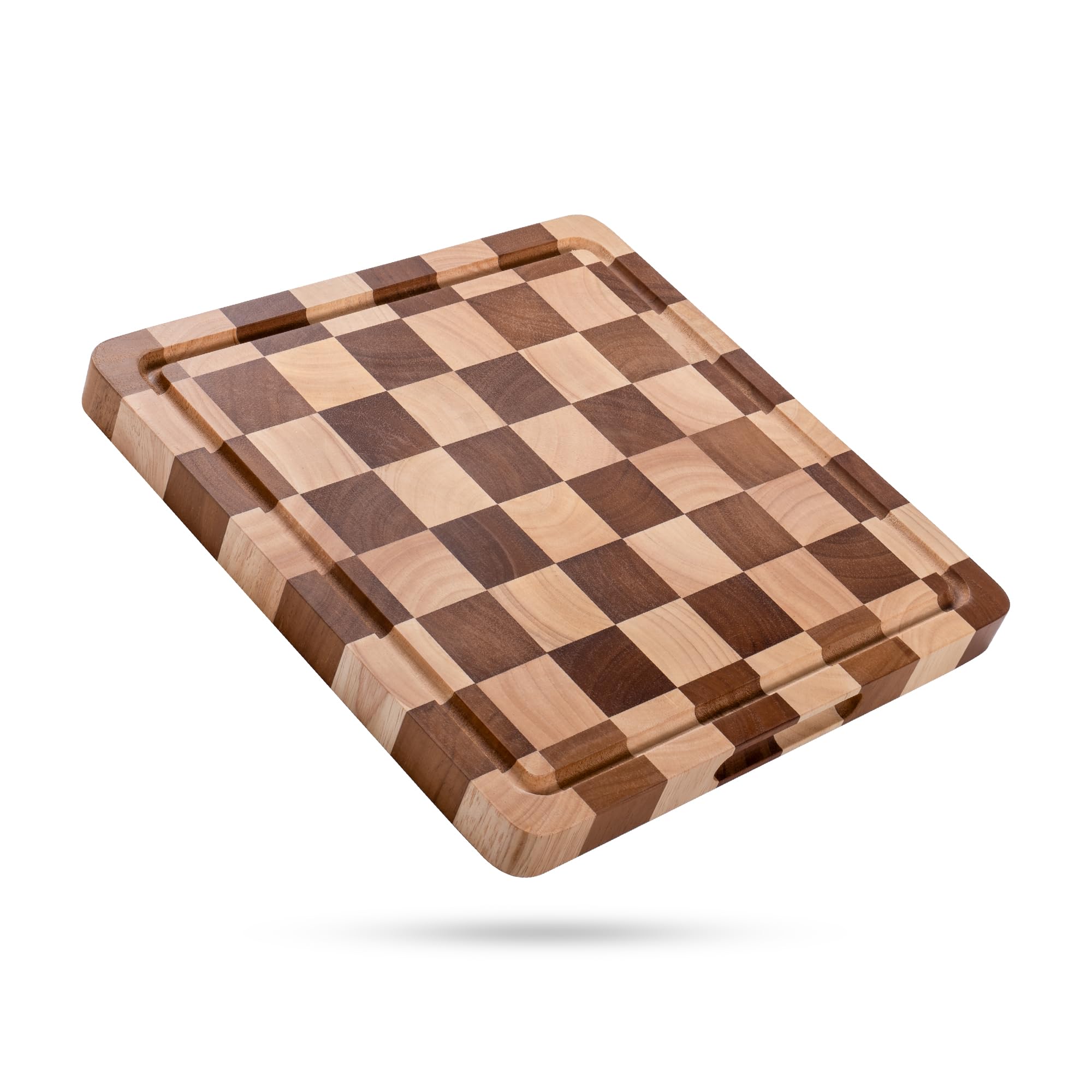 Checkered Chopping Board for Kitchen - Solid Wood End Grain Checkerboard Cutting Board with Handle & Juice Groove, Double Sided for Food Prep, Serving and Decor, Square 30 x 30 x 2.5 cm ﻿