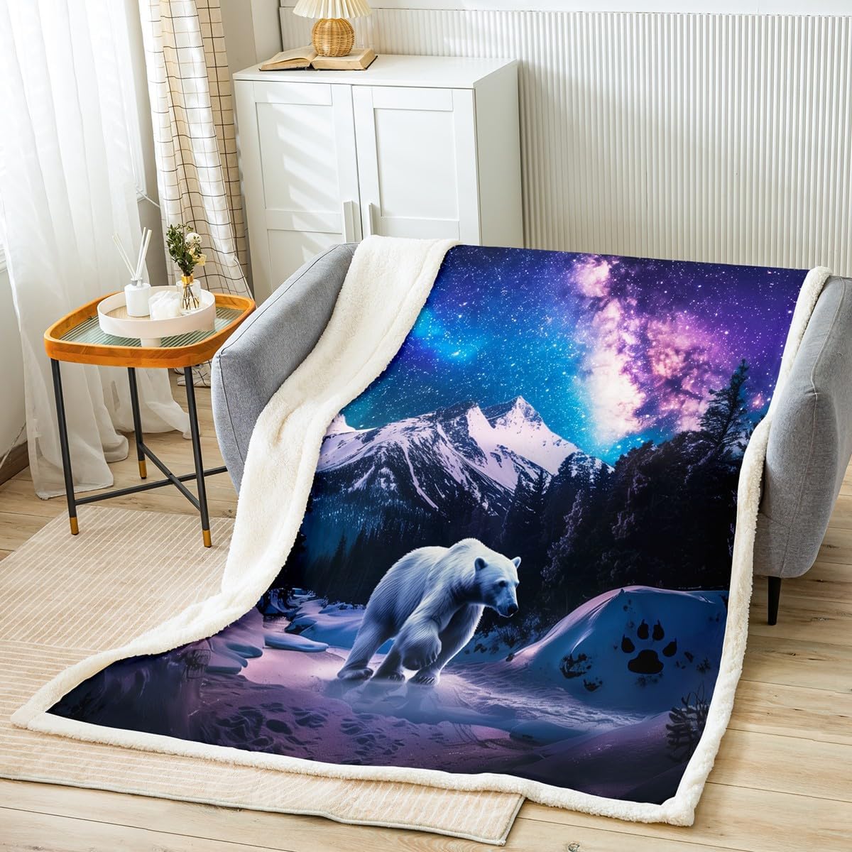 Erosebridal Polar Bear Throw Blanket for Couch Galaxy Night Borealis Fleece Blanket, Northern Lights Sherpa Blanket Arctic Animal Wildlife Blanket, Snow Mountain Bed Blanket Nature Theme Decor