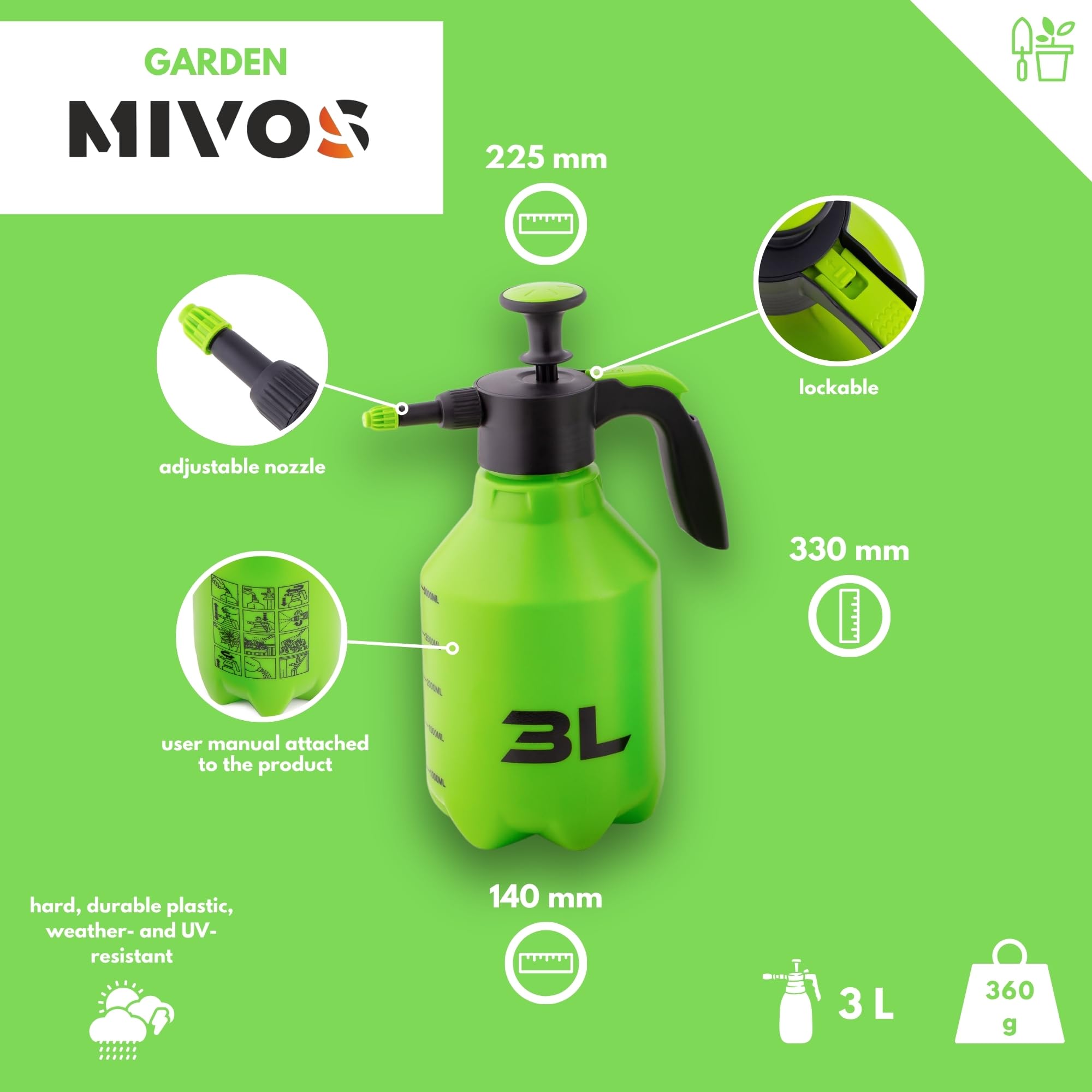 MIVOS Pulvérisateur à Pression 3 litres - de Jardin Haut de Gamme, Pulvérisateur à Pompe pour Balcon, terrasse et Jardin - pour Plantes, l'entretien des Plantes, à Main