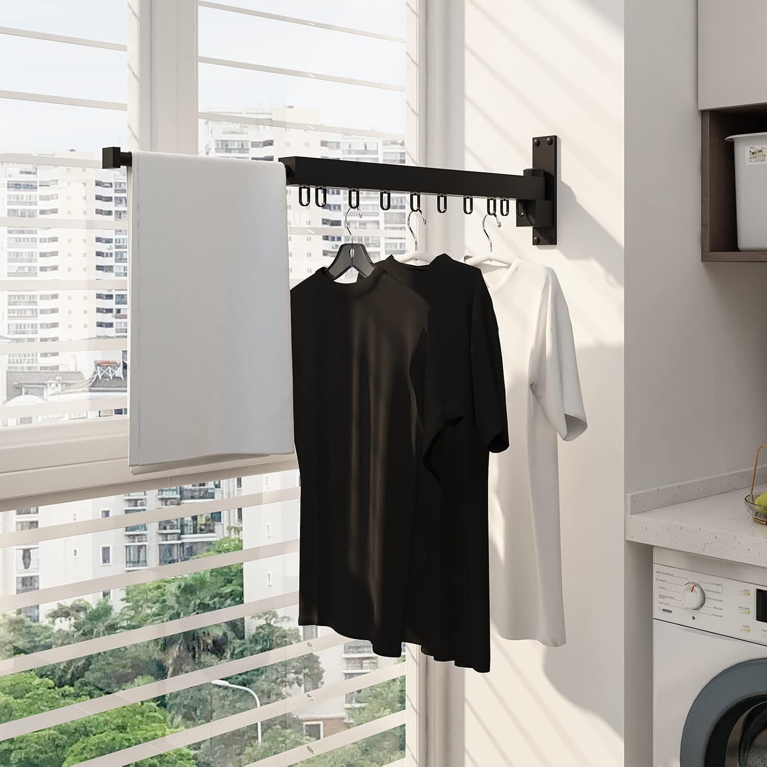 BENOSS Wall Mounted Clothes Drying Rack, Collapsible and Retractable Laundry Garment Hanger for Daily Clothes, Space Saver Hangers, Easy to Install, for Balcony, Laundry, Bathroom and Bedroom(Black-S)