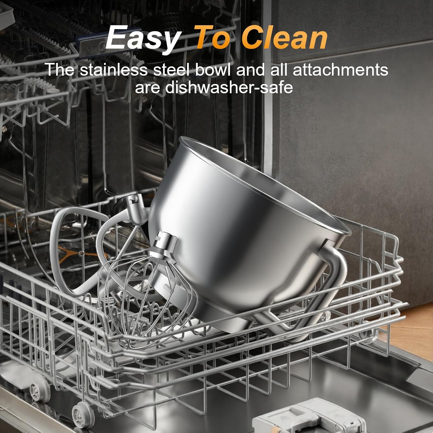 Image showing the stainless steel bowl and attachments being cleaned in a dishwasher.
