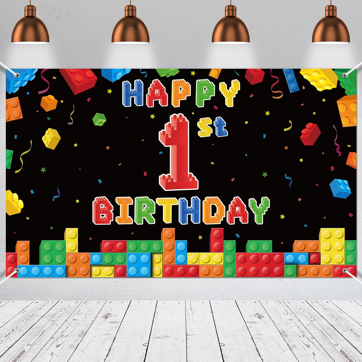 Panelee Building Block Birthday Banner Building Blocks Party Backdrop Decoration Happy Birthday Banner Photography Background for Party, 72.8 x 43.3 Inch(Black)