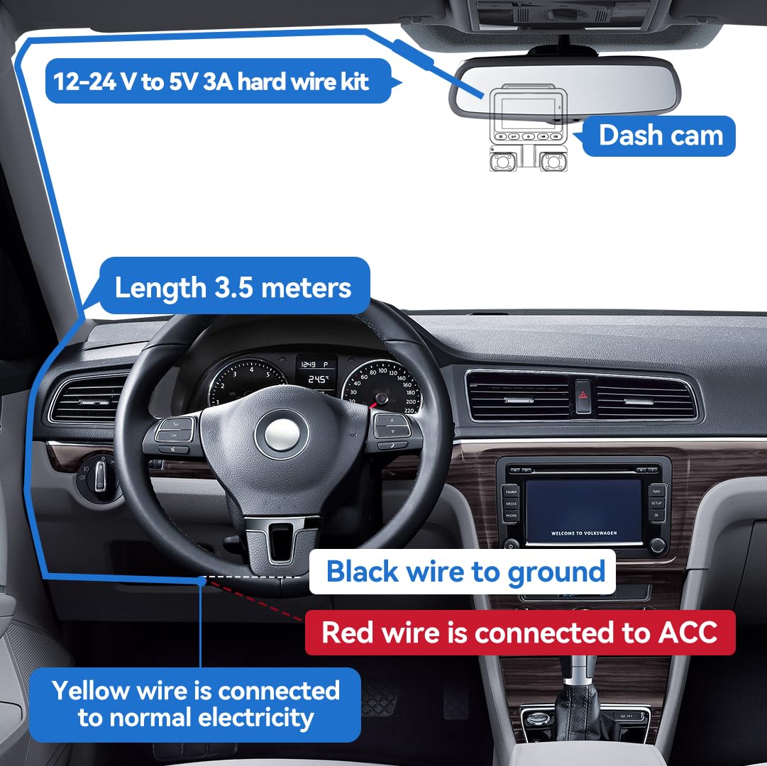 Dash Cam Hardwire Kit, Type C Port, Car Charger Cable Kit 12V- 24V to 5V/3A, Low Voltage Protection Car Camera Parking Monitor 24/7 Parking Surveillance