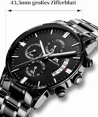 MEGALITH Men's Watch Stainless Steel Chronograph Watch: Large Dial Watches Men's Waterproof Luminous Date for Work and Leisure - Stylish Gift for Men