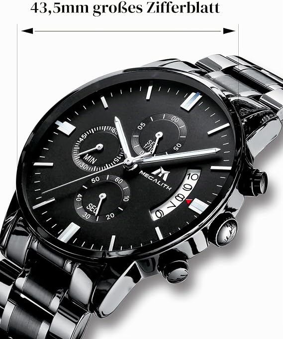 MEGALITH Men's Watch Stainless Steel Chronograph Watch: Large Dial Watches Men's Waterproof Luminous Date for Work and Leisure - Stylish Gift for Men
