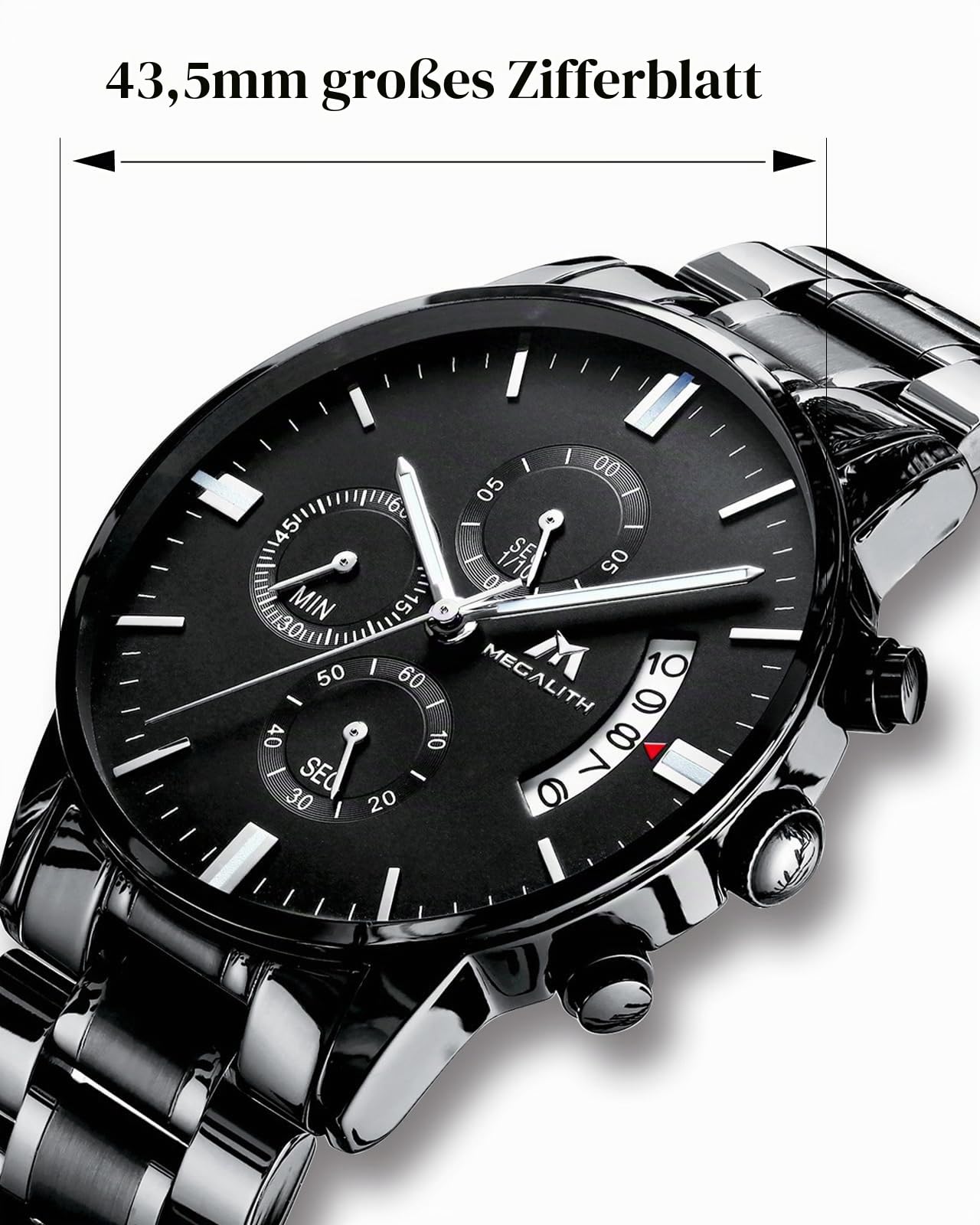 MEGALITH Herrenuhr Edelstahl Chronographen Armbanduhr: Großes Ziffernblatt Uhren Herren Wasserdicht Leuchtende Datum für Arbeit und Freizeit - Stylisch Geschenk für Männer