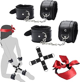 BDSMYOU Kits de Bondage 4 en 1,Menottes Sexy Érotique + Sexe Eye Soie Noir Rouge,Menottes Sex Lit Set,BDSMs Set Accessoires,Retenue et Bondage,Jeux Érotiques Sex Toýs Couple Sextoy Couple (B)