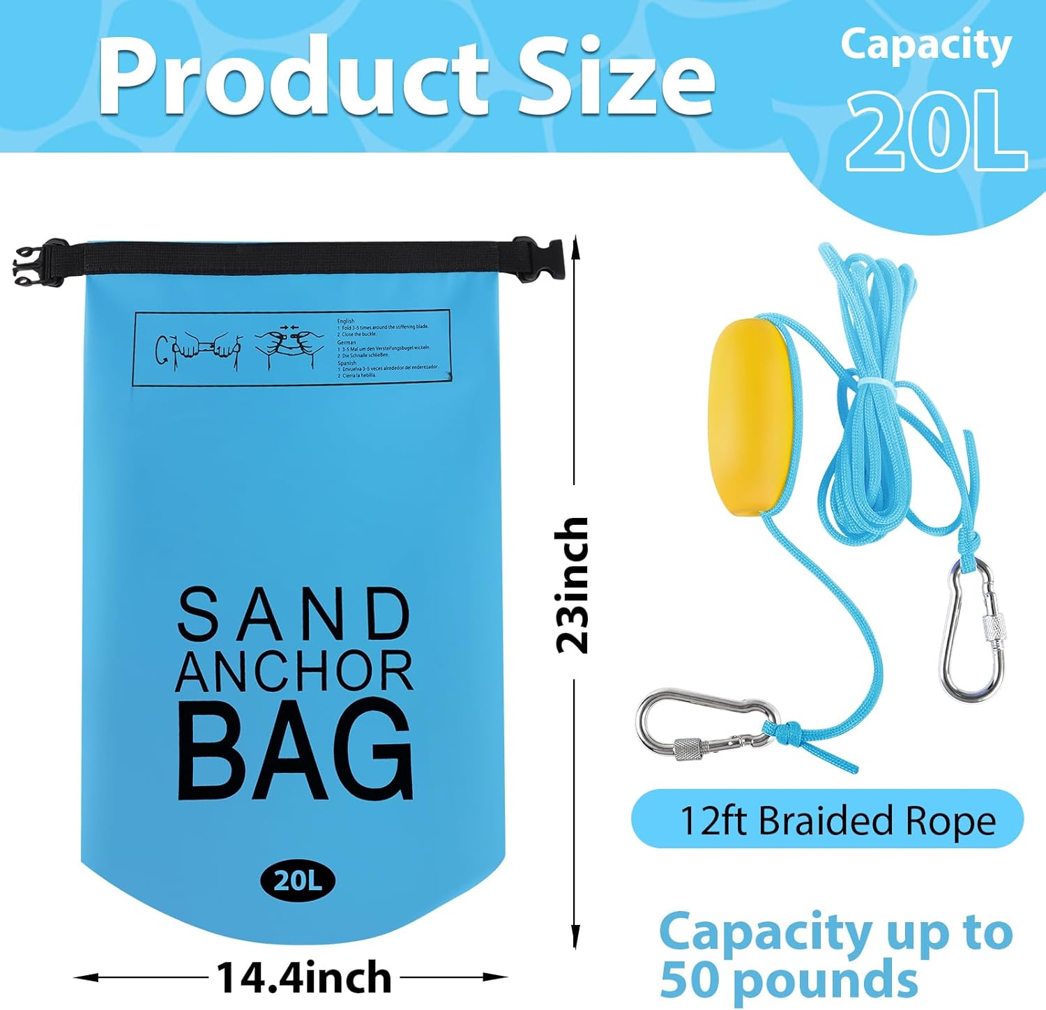 Phoncoo 20L Sand Anchor Bag, 2 in 1 Jet Ski Anchor Kit for Float with Adjustable Buoy, Waterproof Dry Bag for Jetski, Kayak, Boat, Water Sports - Blue