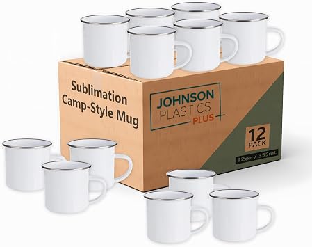 Johnson Plastics Plus JPPlus Camping Mugs for Sublimation. Blank Enamel Camp Mugs in Bulk for Dye Sublimation Printing Camping Outdoor Drinking Cups 12oz 12, White