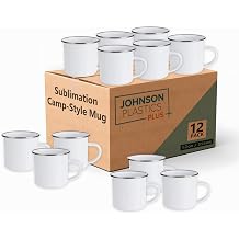 Johnson Plastics Plus JPPlus Camping Mugs for Sublimation. Blank Enamel Camp Mugs in Bulk for Dye Sublimation Printing Camping Outdoor Drinking Cups 12oz 12, White