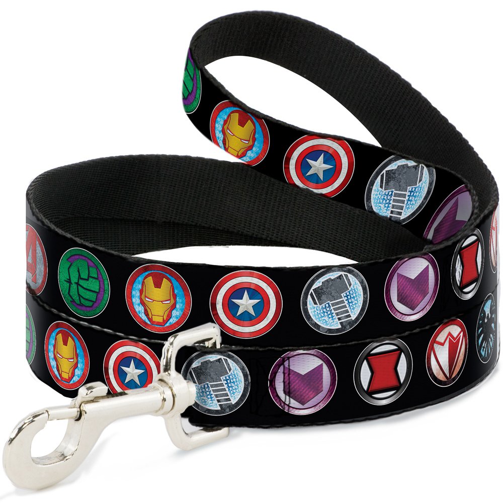 Buckle-Down Marvel Avengers 9 Icons Black/Multi Color Dog Leash, 6'