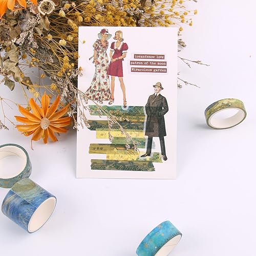 Miniatura 3 de Lychii Van Gogh Washi Tape, 10 rollos de cinta adhesiva Washi de acuarela vintage con papel de aluminio dorado, suministros estéticos para diario,