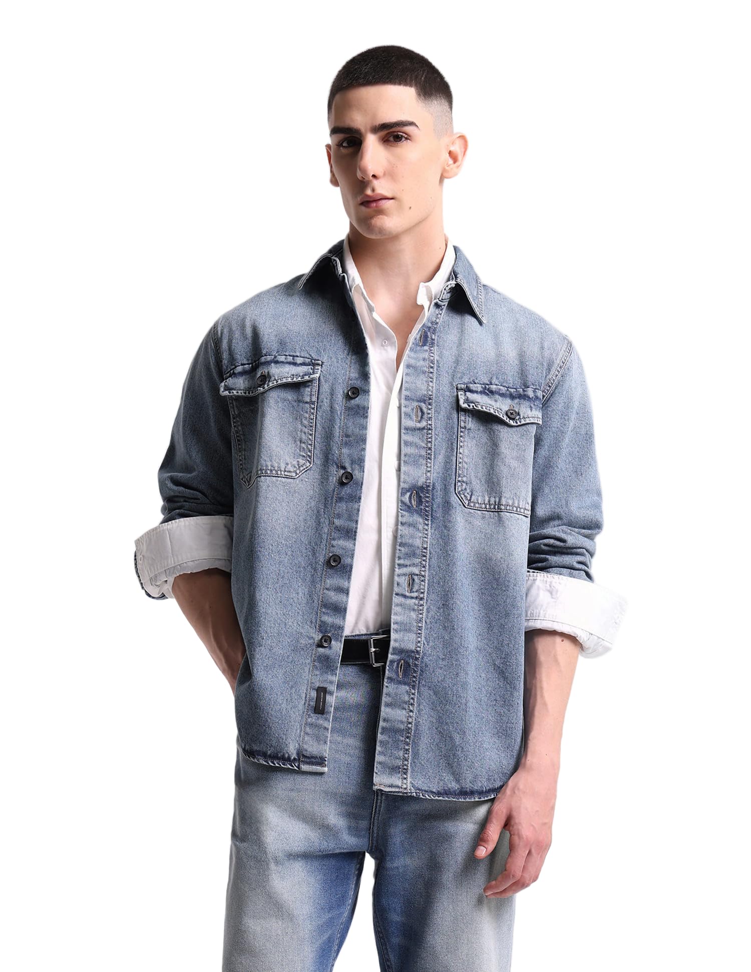 flying machine Light Blue Cotton Twill Relaxed Fit Men's Shirt-picture-11