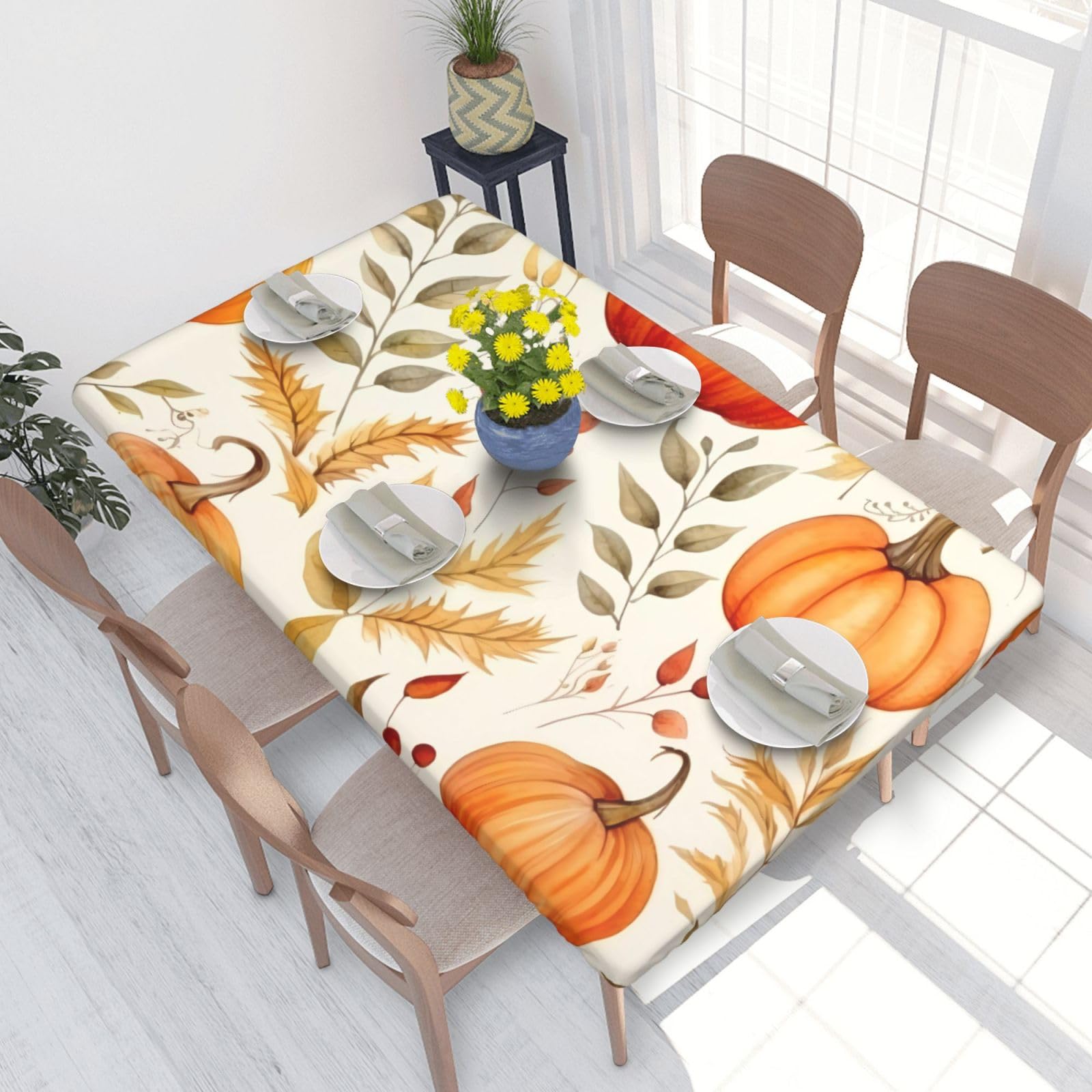 Fall Pumpkins Waterproof Square Table Cover Elastic Fitted Tablecloth Oil Proof Table Protector For 4ft Table