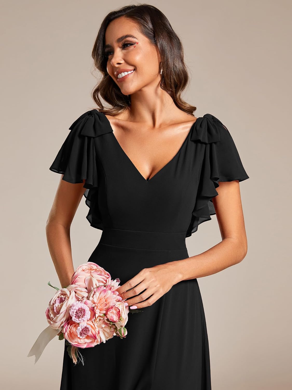 Ever-Pretty Women's V Neck High Waist Bridesmaid Dress Ruffle Sleeves Slit A Line Maxi Semi Formal Dresses 02080