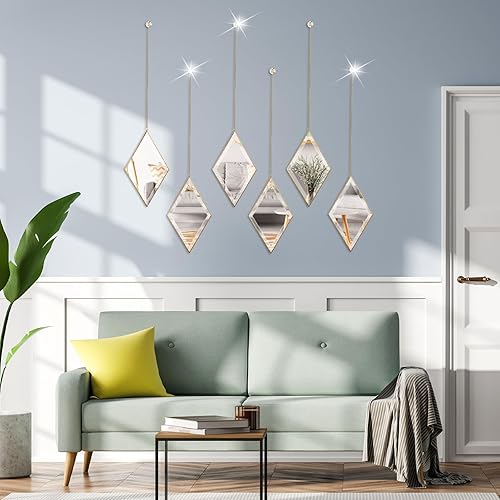 Miniatura 3 de PHOSPHOR Espejo de pared decorativo de diamante, juego de 3 piezas de espejo dorado para decoración del hogar con cadena colgante, espejos de pared