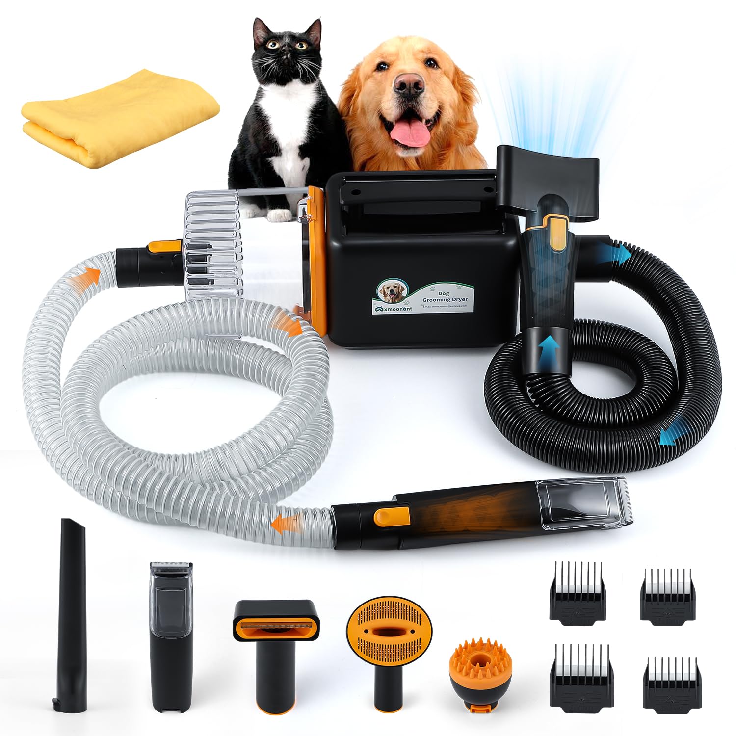 Mxmoonant Kit de Peluquería Canina, Aspirador, Secador de Pelo y Cortapelo Todo en Uno, Velocidad Continua, Ajustable en Frío y Calor, 7 Herramientas Especializadas, con Toalla para Perro