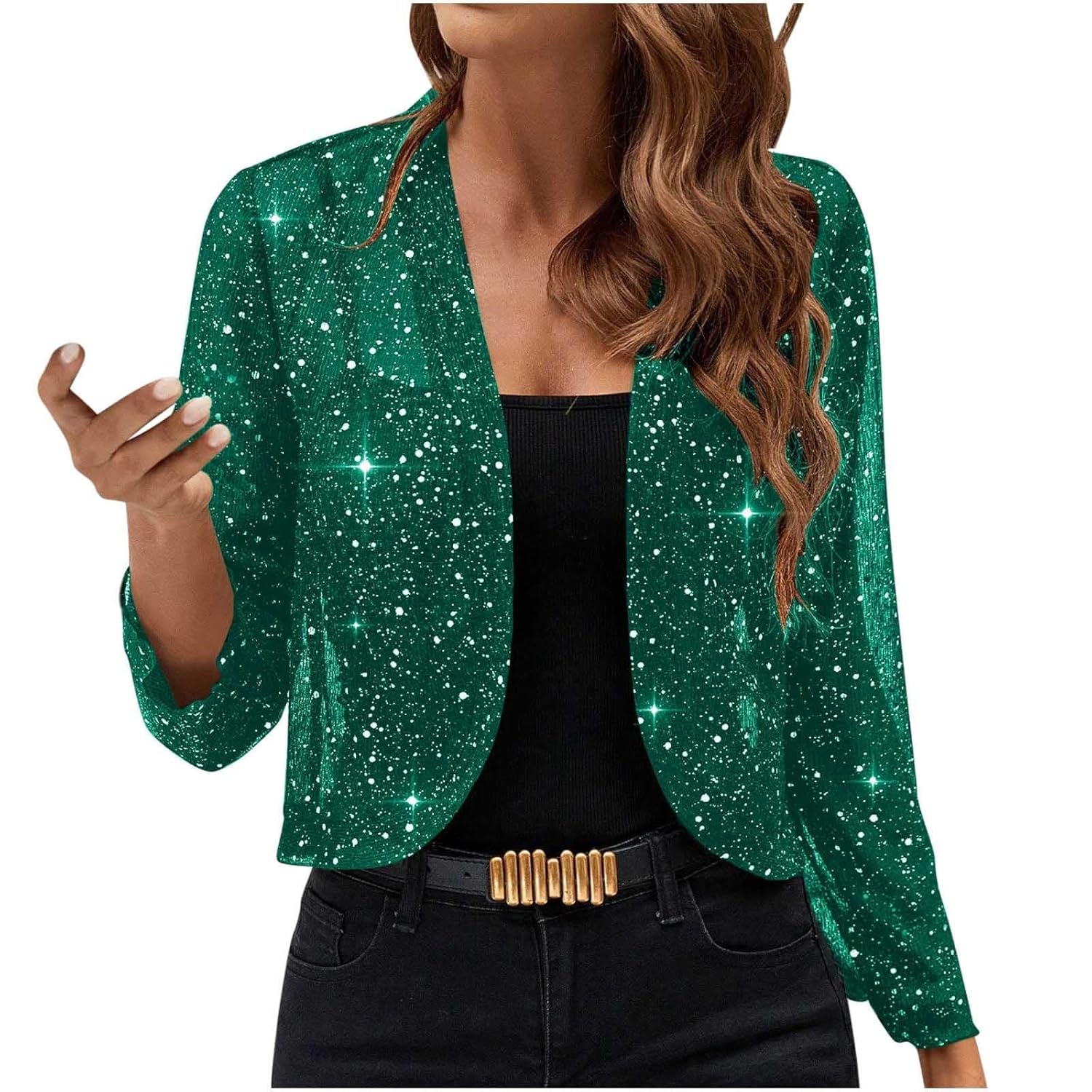 Womens Sequin Jacket Nightclub Sparkly Glitter Open Front Cropped Blazer Lightweight 3 4 Length Sleeve Party Jacket