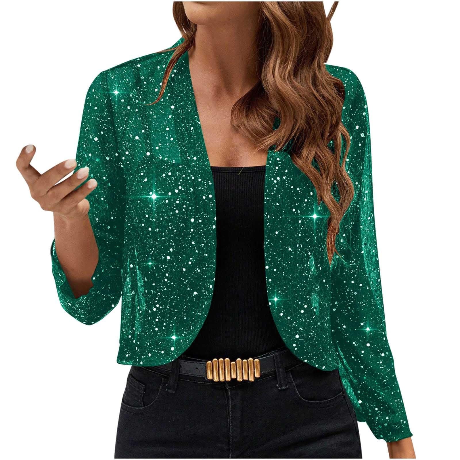 Womens Sequin Jacket Nightclub Sparkly Glitter Open Front Cropped Blazer Lightweight 3 4 Length Sleeve Party Jacket