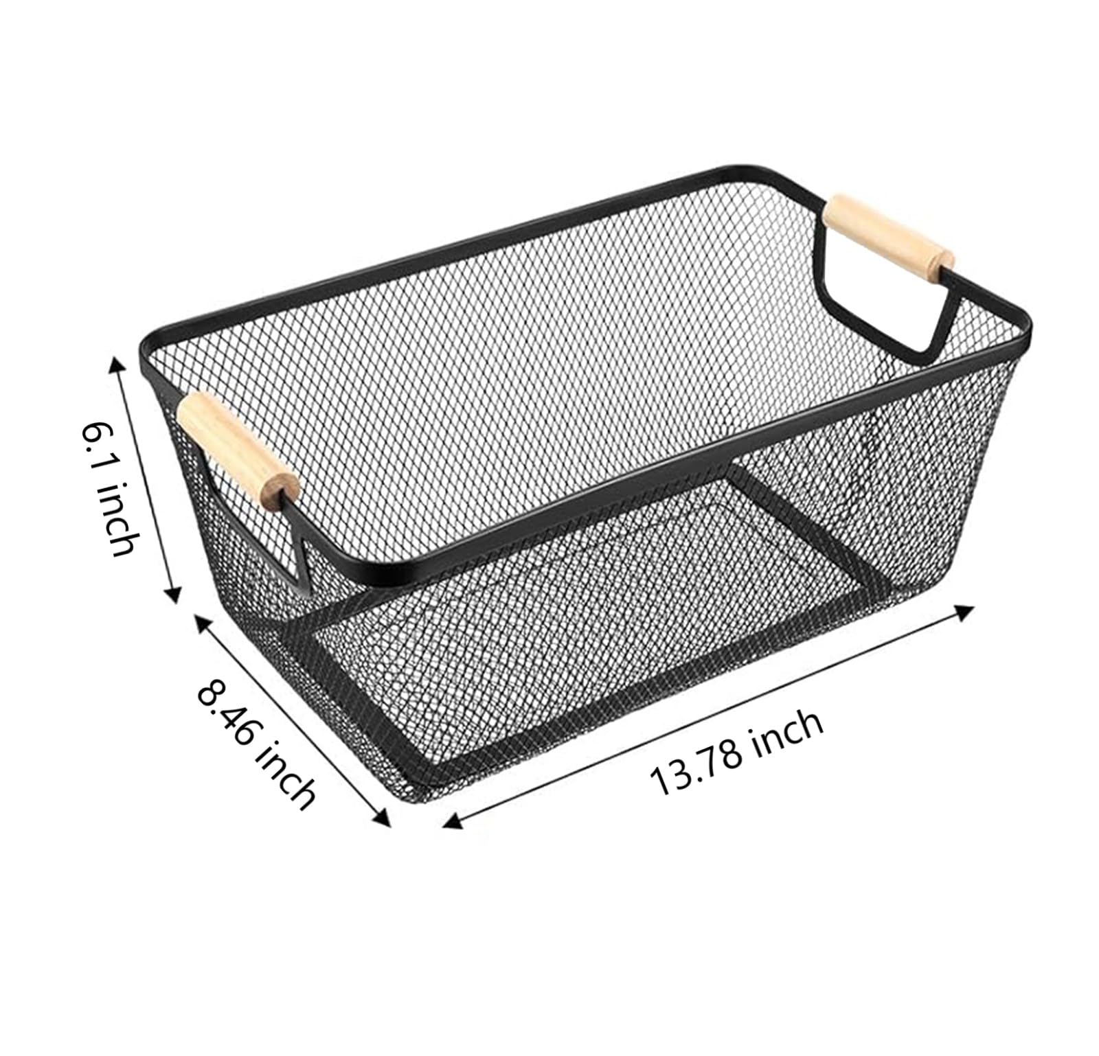 AJIODA Metal Mesh Steel Basket, Large Wire Storage Organizer Basket Multi-function Hanging Kitchen Baskets with Wood Handle for Kitchen Bathroom Picnic Home, Rectangle-Black