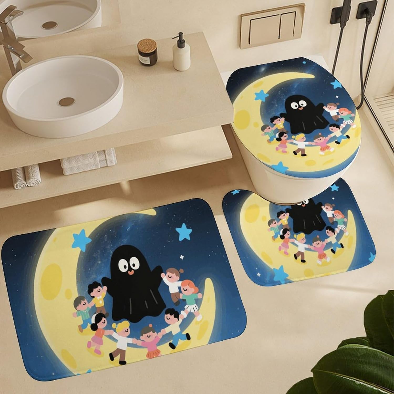 Black Cute Ghost Shower Curtain Set 4 Piece, Non-Slip Bath Mat with Toilet Lid Cover and Waterproof Shower Curtain with 12 Hooks, Complete Bathroom Set for Home Decor