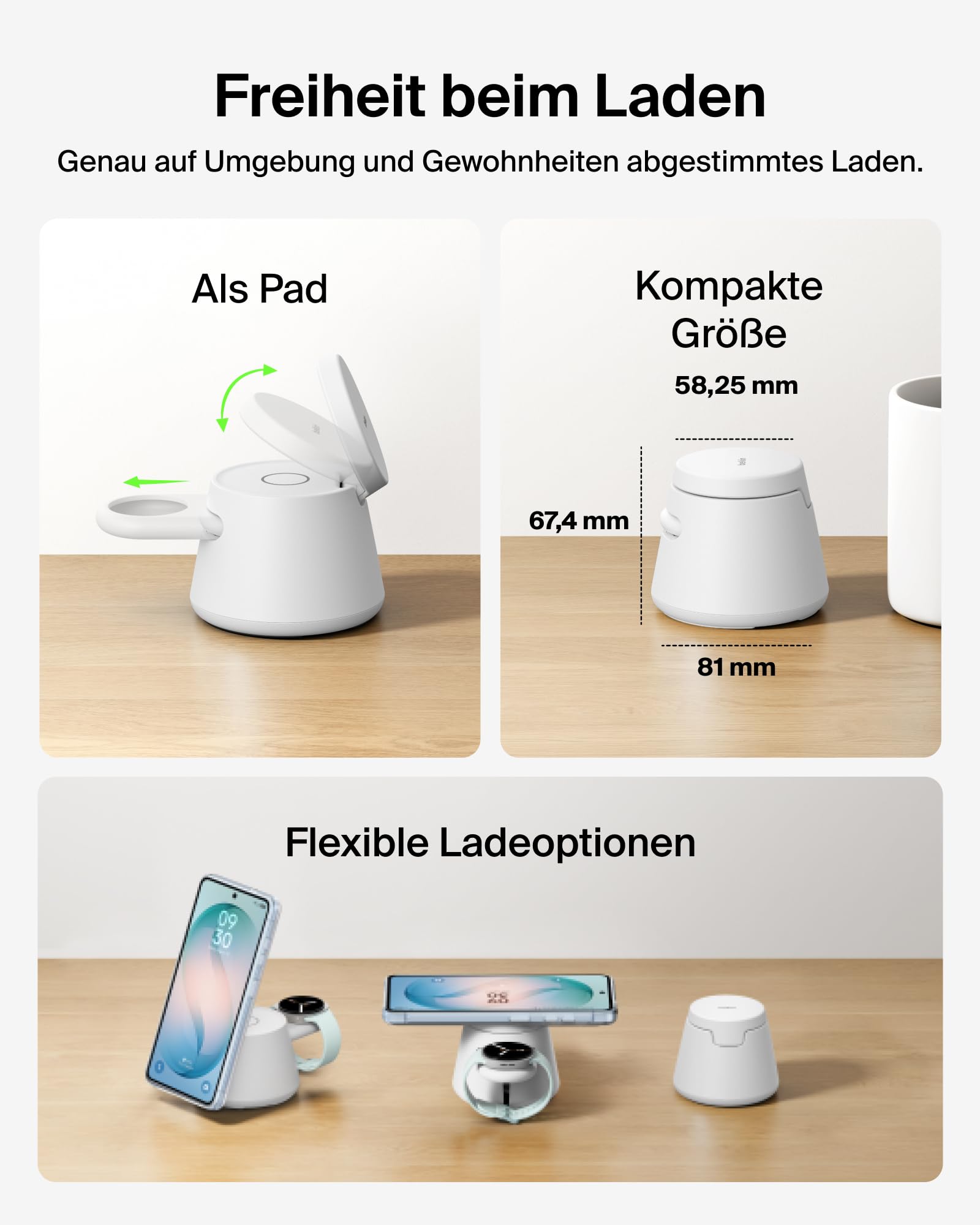 Belkin UltraCharge 3-in-1 Induktive Ladestation mit Qi2, 25W – Weiß | Qi2.2-zertifiziert, Kabelloses Ladegerät mit USB-C-Port, Wireless Charger für iPhone, Galaxy, Kopfhörer; mit 45W Netzteil