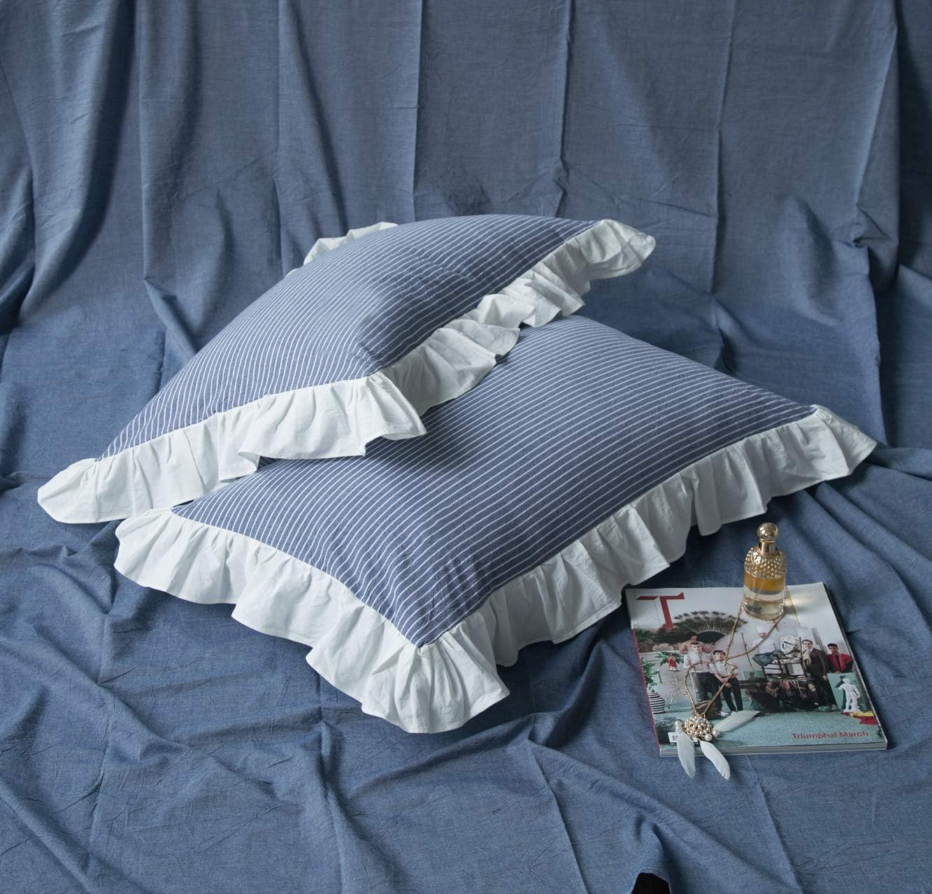 SUSYBAO Blue White Striped Duvet Cover Queen 100% Washed Cotton Denim Blue Ruffle 3 Pieces Set 1 Cute White Lace Duvet Cover with Zipper Ties 2 Pillow Shams Denim Ruffled Bedding Set