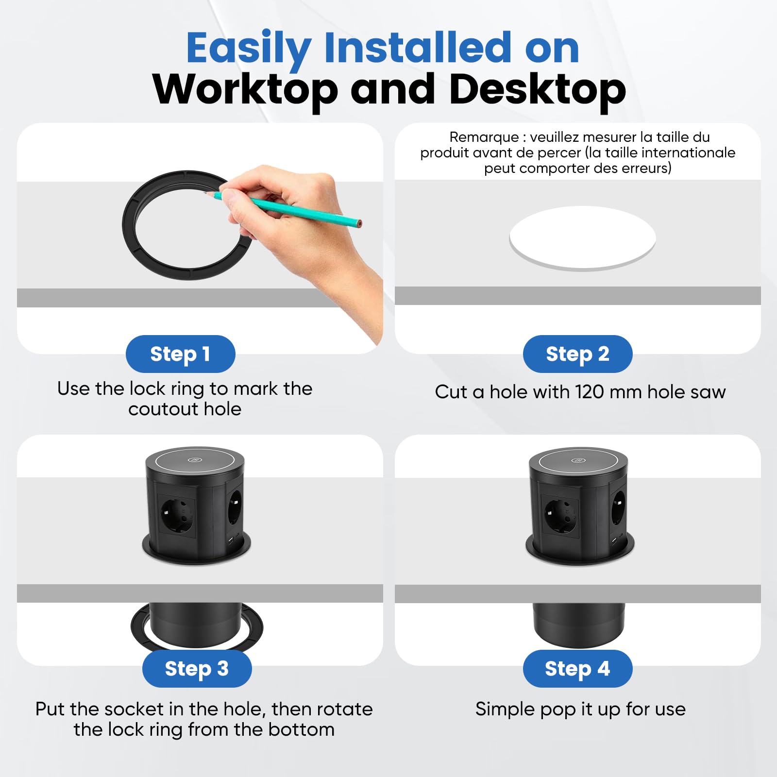 Presa Piano di Lavoro Cucina 4 Prese, 1 USB C, 1 USB A Porte, Caricabatterie Senza Fili, Presa Da Tavolo Espanotabile 3 Prese per Cucine Ufficio Camera Riunione (Nero)