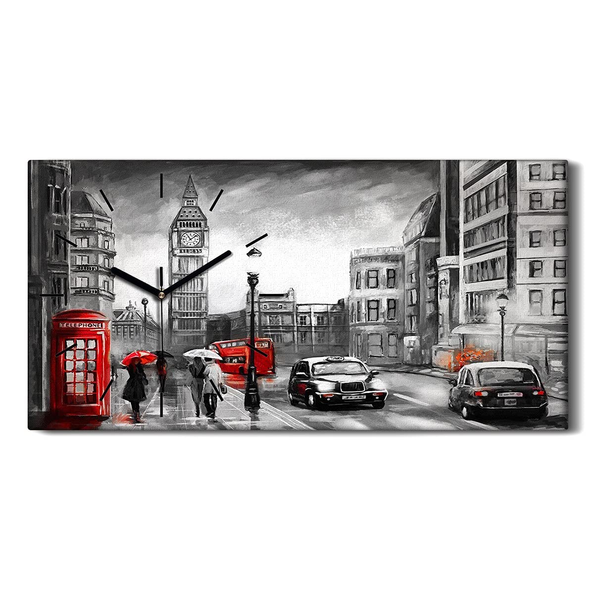 Horloge sur Toile Big Ben 60x30cm avec Mains Noires pour Salon
