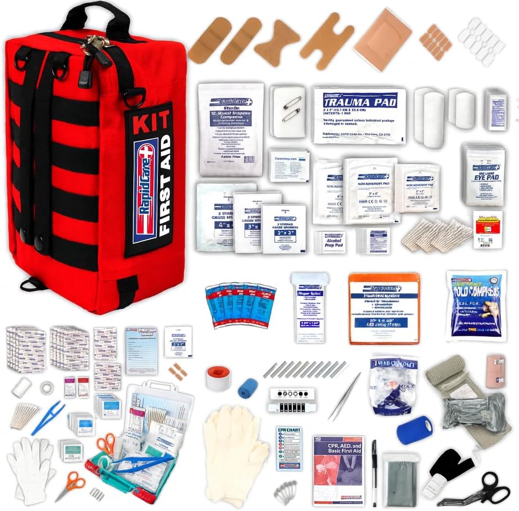 Rapid Care First Aid Kit  300+ Piece Emergency Medical Kit with Bonus 95-Piece Travel Pack  Outdoor, Workplace, and Home Use  Color Coded & Labeled for Quick Access