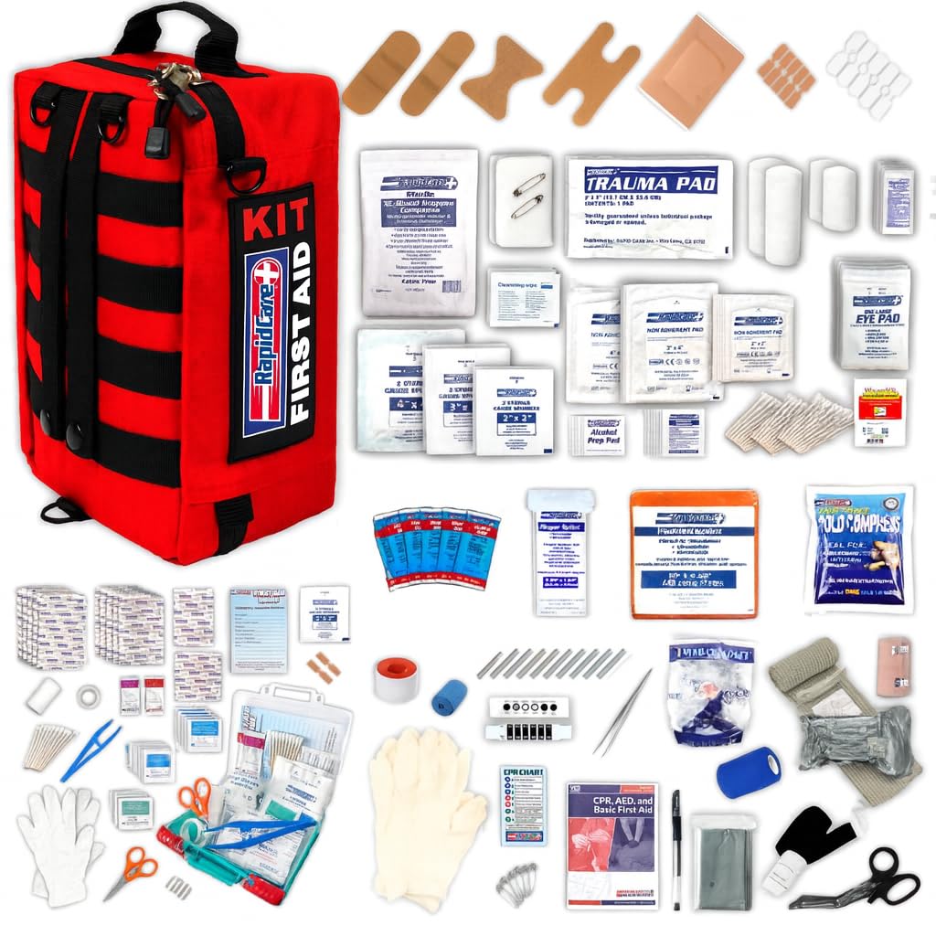 Rapid Care First Aid Kit – 300+ Piece Emergency Medical Kit with Bonus 95-Piece Travel Pack – Outdoor, Workplace, and Home Use – Color Coded & Labeled for Quick Access