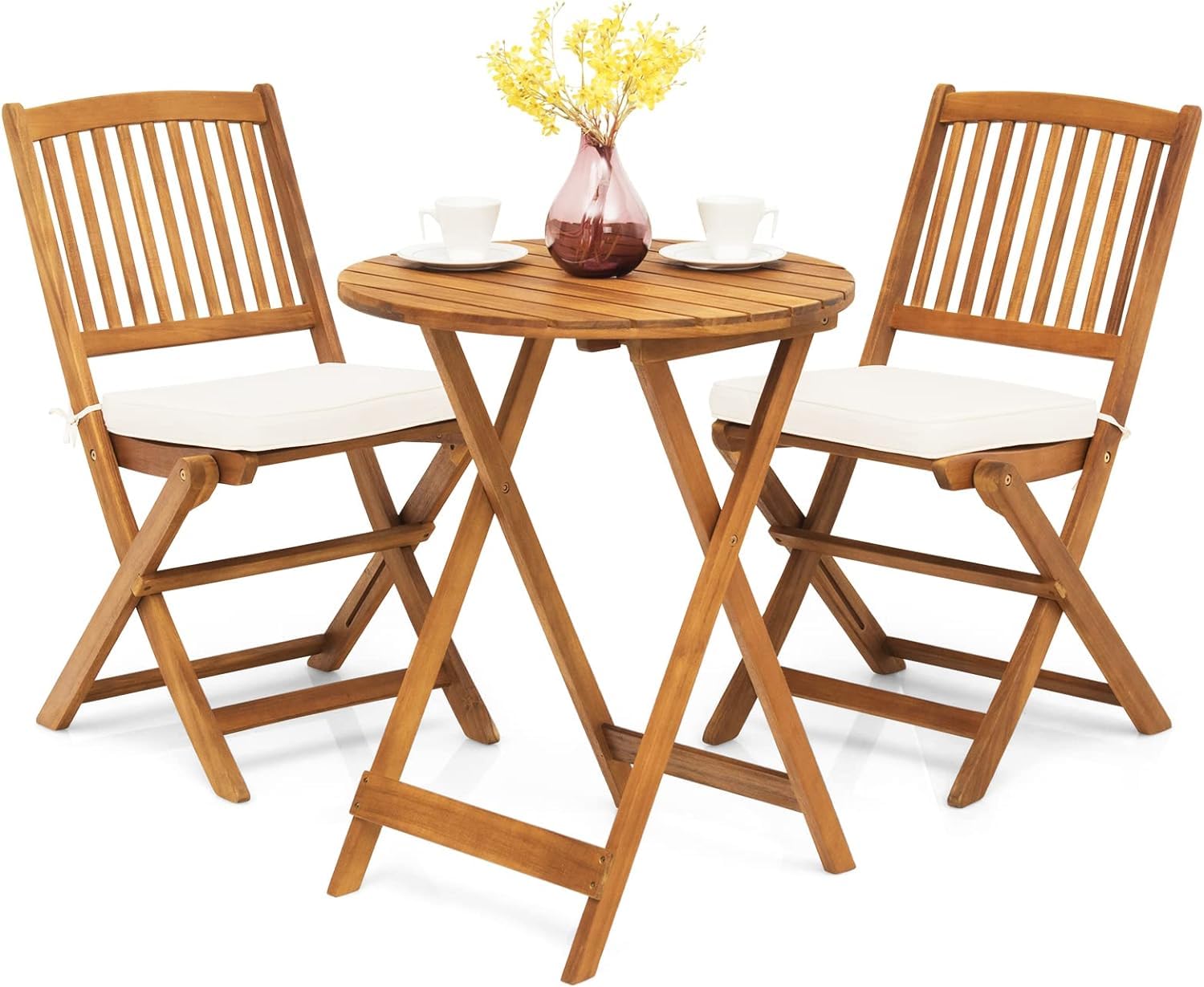 GIANTEX Set de Bistró con 3 Piezas Plegables, Mesa y Sillas Terraza de Madera de Acacia con 2 Cojines Acolchados Removibles, Muebles de Exterior para Patio Jardín Veranda Balcón (Beige)
